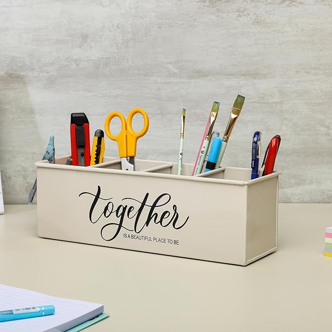 dudki Desk organizer with 4 compartments for office table | stylish Metal Desk Organizer | Stationary Storage | Pencil Holder for Office, Home, and Study Table (Together) Beige