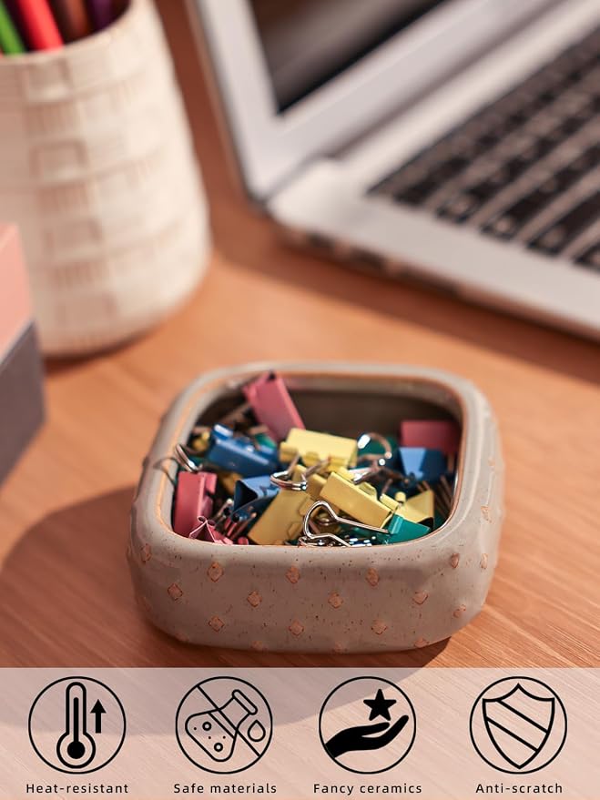 Ceramic Paper Clip Holder, Set of 2 Square Binder Holder Paper Clamp Dispenser Organizer, Desktop Accessories, Office Decor (Vintage Grey)