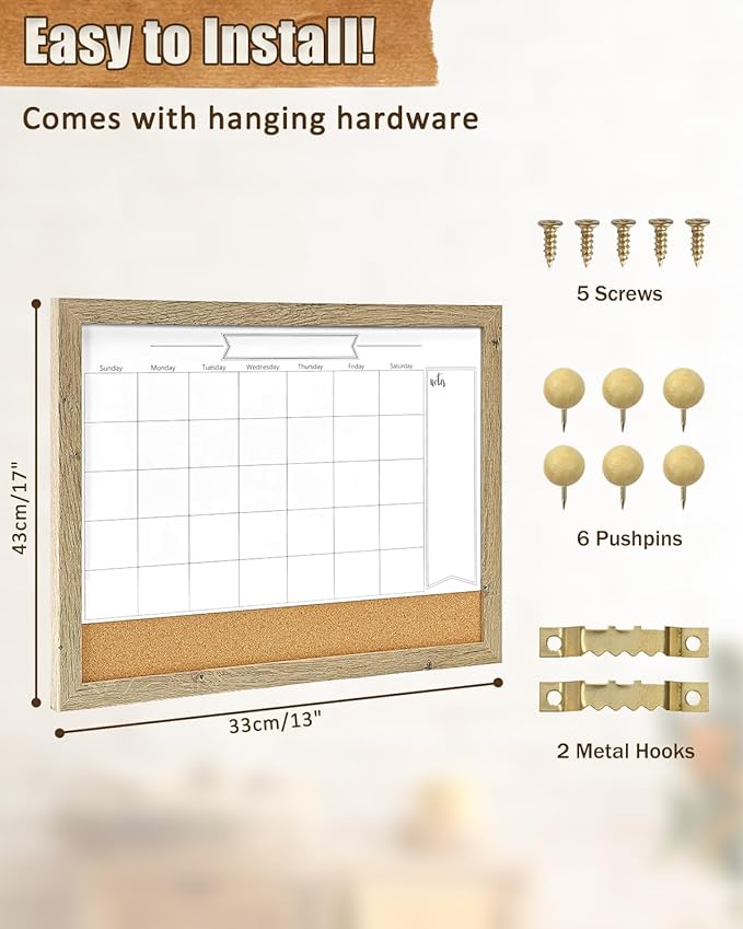 Dry Erase Calendar Whiteboard for Wall, Small Combination Magnetic Dry Erase White Board & Bulletin Board, 13" x 17" Rustic Brown Frame Calendar/Cork Combo Board(RB-3343)