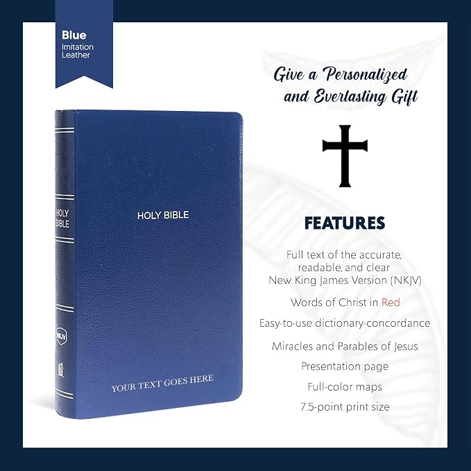 MerchSalad Personalized NKJV Bible New King James Version Faux Leather Holy Bible with Custom Name Includes Up to 3 Rows of Text, Custom Gift for Christian & Religious Celebrations (Blue)