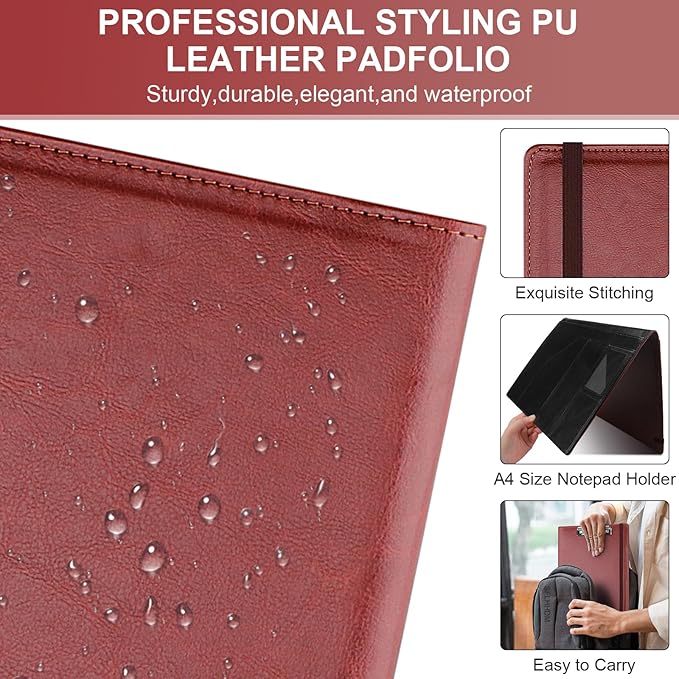 Clipboard Padfolio with Storage Pocket, Clipboard Folder Portfolio Organizer, 360 Degree Foldable Clipboards with Refillable Notepad,Faux Leather Padfolio Organizer for Office School Supplies-Wine Red