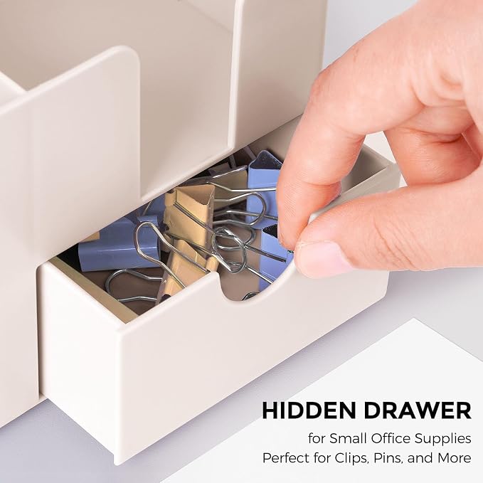SKYDUE Small Desk Organizer with Drawer | 3 Compartments, Desk Pen Holder, For Home, School, Classroom & Office
