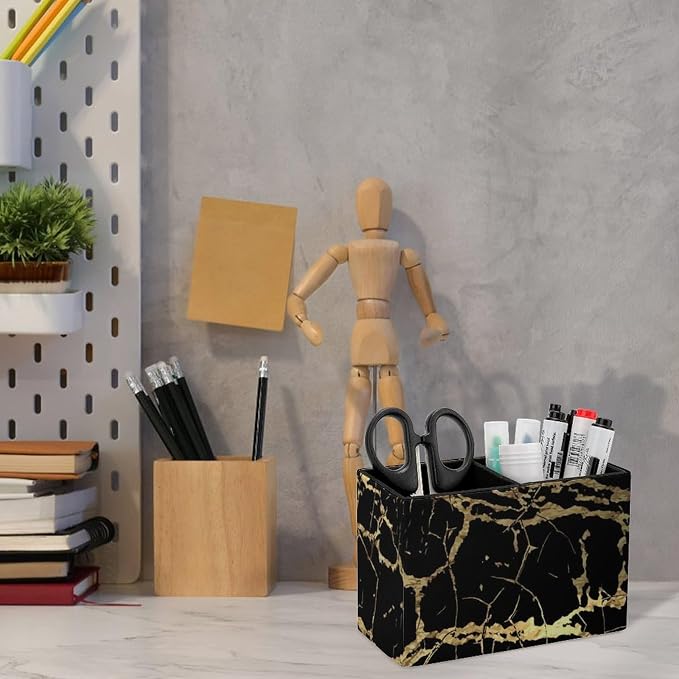 Pen Pencil Holder Gold Marble Black in PU Leather, Multi-Functional Pencil Container with Anti Slip Bottom for Home Office, Square Pen Holder