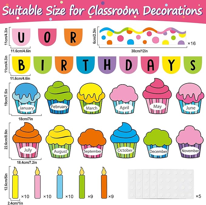 Justforjoyful Birthday Bulletin Board Classroom Decorations Colorful Cupcake Cutouts Colorful Candle Name Tags Decoration for Wall Chalkboard Preschool Classroom Decor Teacher Back to School Supplies