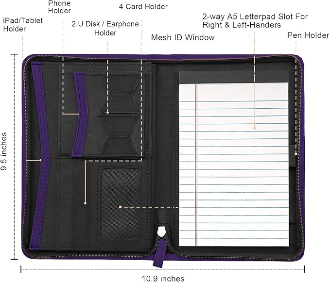 Junior Padfolio/Resume Portfolio Binder with Refillable Lined Notepad, A5 Padfolio Folder, Business Portfolio, Multi-Function Case, A5 Writing Pad Included,Dark Purple
