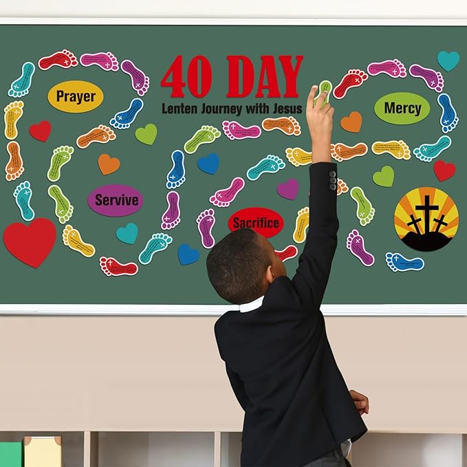 Mooliwe 67 Pcs Religious Bulletin Board Set 40 Day Lenten with Jesus Bulletin Boards Sunday School Decoration Christian Bulletins Board Cutouts for Church Sunday School Classroom Chalkboard Wall Decor