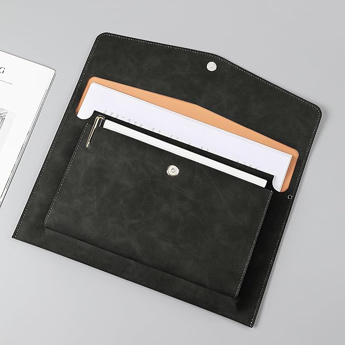 PU Leather A4 File Folder Document Holder with 2 Compartments Envelope Folder Case with Snap Closure for Receipt Contract (Black)