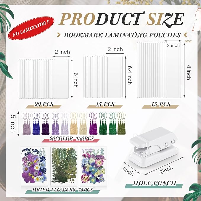 Fuyoooo 176 Pcs Dried Flower Bookmark Making Kit, DIY Bookmark Laminating Pouches with Tassels and Puncher DIY Project Gifts for Women Night Out Craft Book Lovers (Purple,3 Size)
