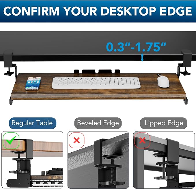 AX WABER Keyboard Tray Under Desk Pull Out with Extra Sturdy C Clamp Mount System, 32.8 (38 inch Including Clamps) x 12 Inch Slide-Out Platform Computer Drawer for Typing Vintage AX01WG202