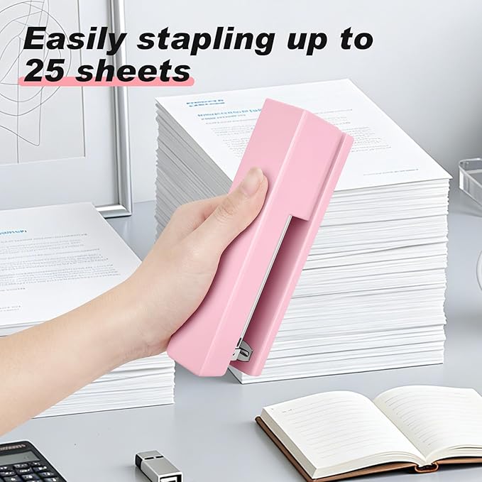Stapler 25 Sheet Capacity with 830 Staples and Staple Remover, Full Strip Staplers for Desk, No Jam, Non-Slip for Office & School, Pink
