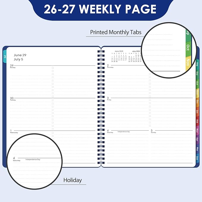 Planner 2026-2027 - Weekly and Monthly Planner 2026-2027 (Jul 2026 - Jun 2027), 8'' x 10'' with Monthly Tabs, 26-27 Calendar Planner, Twin-Wire Binding, Thick Paper, Flexible Cover - Deep Blue