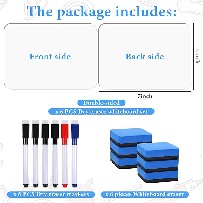 6 Sets Small Dry Erase Board Small Whiteboard 5" x7'' Mini Double Sided Dry Erase Lap White Boards with Markers Erasers Perfect Supplies for Teachers Lapboards