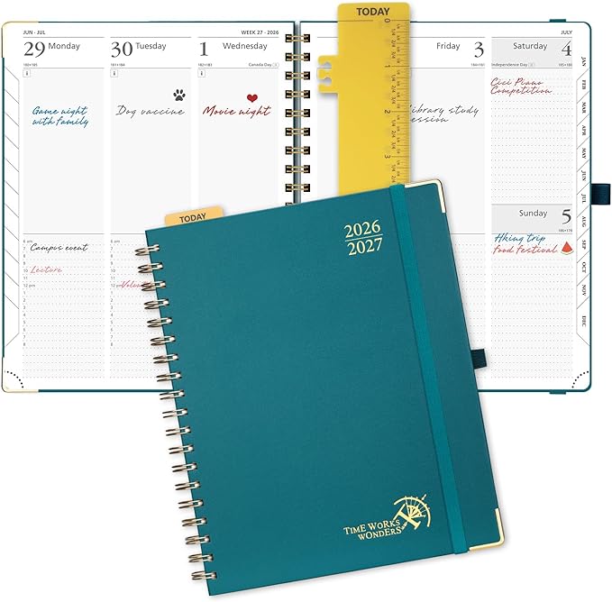 POPRUN 2026-2027 Academic Year Weekly and Monthly Planner Calendar,Jul 2026 - Jun 2027，10" x 8"， Daily Agenda Book & Appointment Book with Hourly Schedule, Tabs, Hardcover, School and Office Supplies - Pacific Green