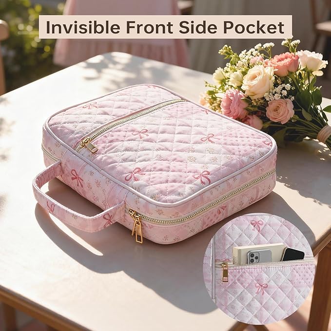 Bible Cover Case for Women Large Bible Cover Bag Quilted Bible Carrying Case for Girls Bible Study Supplies Accessories Christian Gifts for Women (Pink Bow, Large)