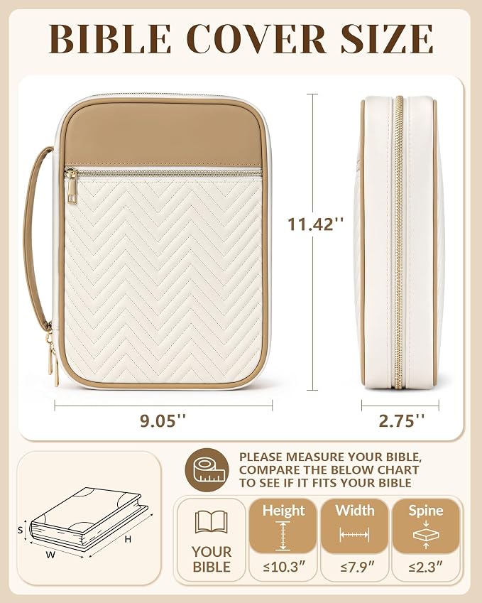 XKDOUS Quilted Leather Bible Cover Case for Women, Zippered Bible Carrying Bag with Study Supplies and Accessories, Waterproof Bible Organizer Holder for Church and Daily Use (White & Brown)