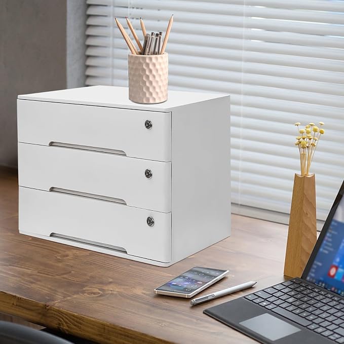 Wooden Desktop Storage Cabinet with 3 Lockable Drawers, Office Desk File Organizer, Small Wooden Storage Box for Home Office Supplies, Sewing Kits,White