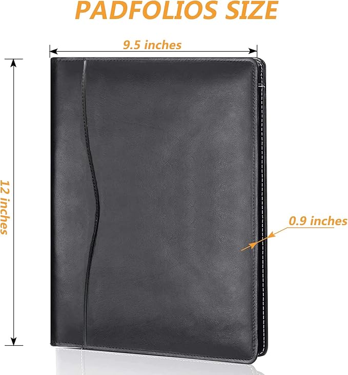 Leather Portfolio Folder Padfolio, Business Padfolio Organizer Document Planner Portfolio Binder Storage Pocket for Legal Pad Holder Paperwork Phone Men Women (Black)