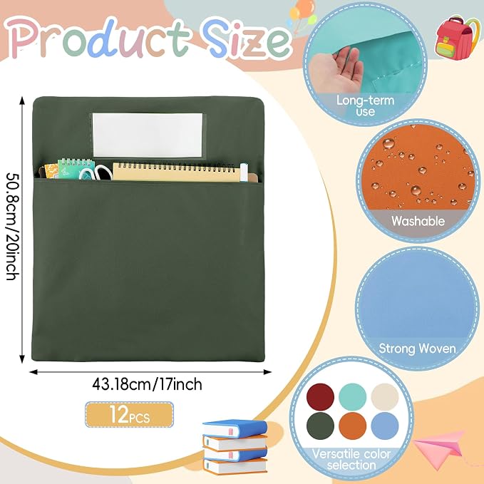 gisgfim 12 Pcs Chair Pockets for Classroom 17 x 20 Inch s with Name Tag for Classroom Chairback Pouch Bag Organizer for Student Elementary School Daycare Supply (Retro)
