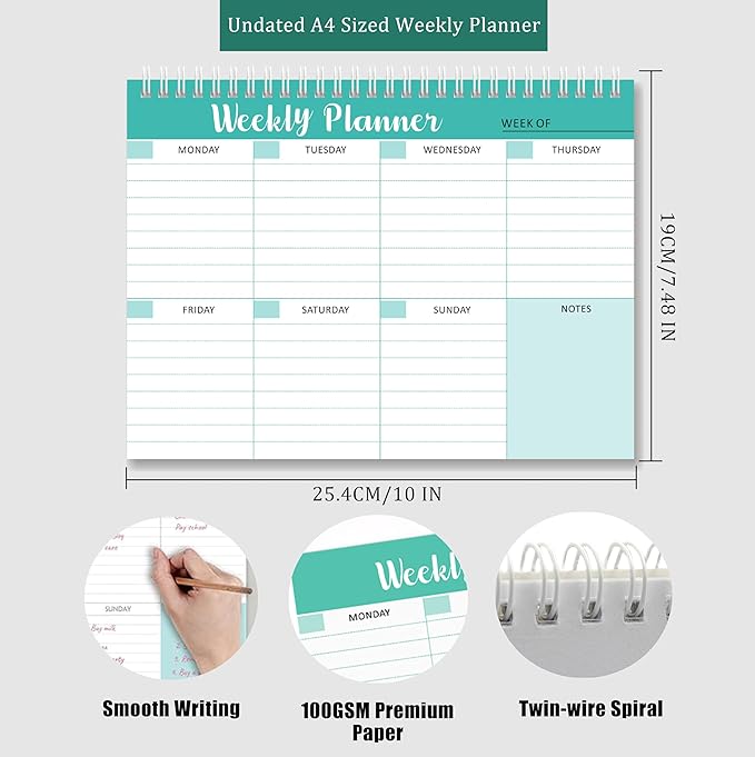 Spiral Weekly Planner - 7.5" x 10" Weekly Planner Notepad with 52 Sheets, 100gsm Paper, Undated Planners for Time Management & Habit Tracker, Weekly Calendar for Organizing Your Week (Green)