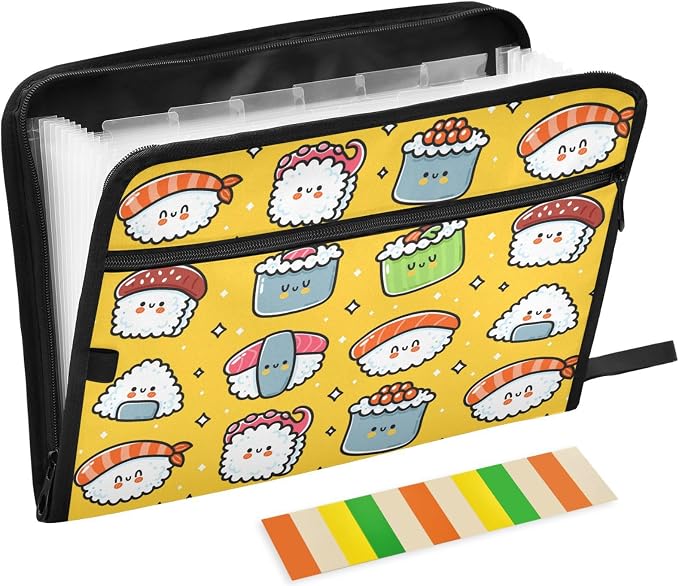 Cute Funny Sushi 13 Pockets Expanding File Folder with Sticky Labels Accordion File Folder Document Organizer Letter Size A4 Papers Expandable File Keeper