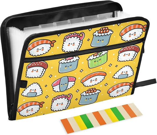 Cute Funny Sushi 13 Pockets Expanding File Folder with Sticky Labels Accordion File Folder Document Organizer Letter Size A4 Papers Expandable File Keeper