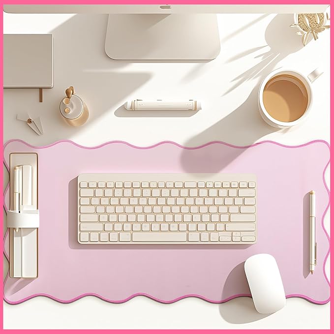 Hahafelt Scalloped Desk Mat Large Desk Pad Cute Coquette Table Mat Back to School Preppy Table Make up Pad Nonslip Graduation Gift with Stitching Waterproof Gaming(Pink,31.5 x 15.8 Inches)