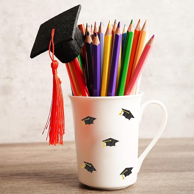 Whaline 1200Pcs Graduation Cap Mini Stickers Holographic Self Adhesive Stickers Black Diploma Cap Sparkly Label Decals for Congrats Grad Craft Scrapbook Envelope Reward, 10 Sheets