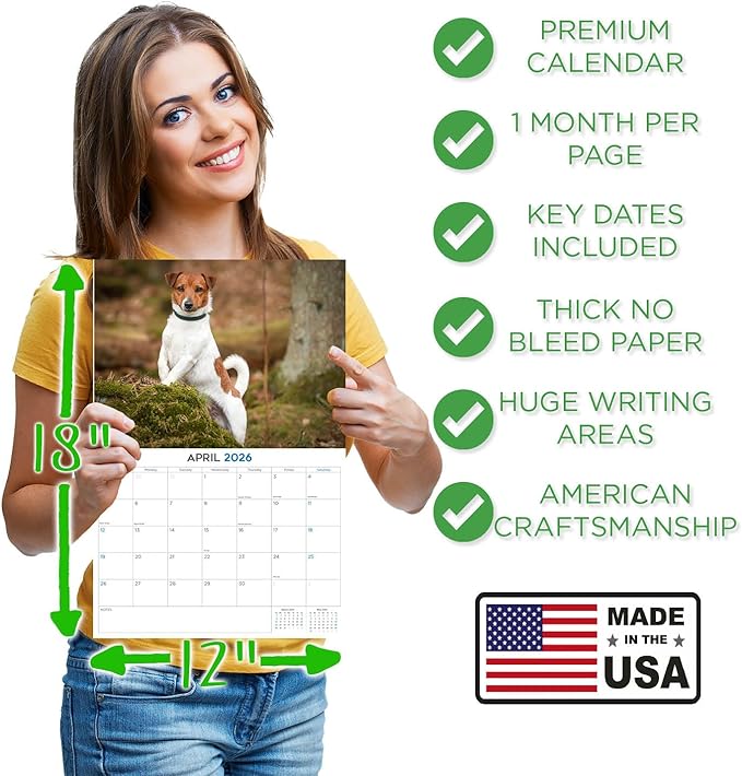2025 2026 Jack Russell Calendar - Dog Breed Monthly Wall Calendar - 12" x 18" Open - Thick No-Bleed Paper - Giftable - Academic Teacher's Planner Calendar Organizing & Planning - Made in USA