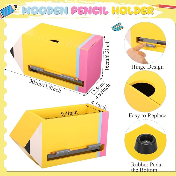 Yalikop 1 Pc Wooden Pencil Dispenser for Classroom Pastel Wood Pencils Holder for up to 200 Pencils Reusable Straw Dispenser for Home Office Teachers Supplies Storage (Irregular Pencil,Pink,Yellow)