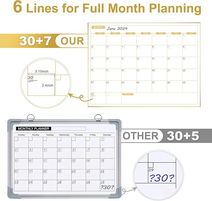 ARCOBIS Monthly Calendar Whiteboard, 36" x 24" Magnetic Dry Erase Calendar with Gold Frame, Wall Planner Board for Home, Office, School