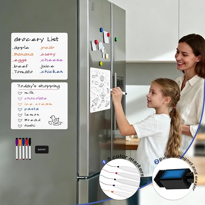 Magnetic Whiteboard Sheets for Fridge, 3 PCS 11" x 14" Small Refrigerator Dry Erase Boards for Kitchen Planner and Organizer, 5 Markers and 1 Erase Included