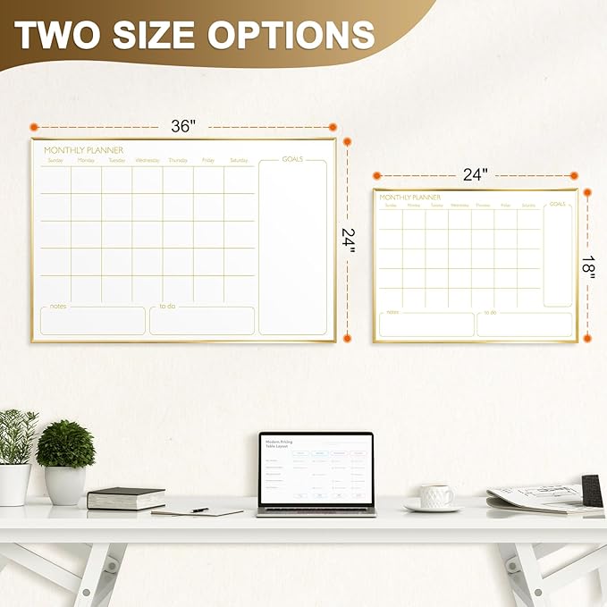 Dry Erase Calendar Whiteboard for Wall, 24'' x 18'' Monthly White Board Planner with Gold Frame, Magnetic Hanging Wipe Board for Home Office School Dorm