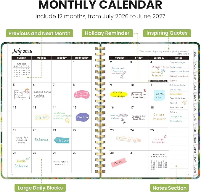 Planner 2026–2027, Academic Planner Weekly and Monthly Calendar Jul 2026 – Jun 2027 Hardcover Planner with Tabs and Pocket, Spiral Bound Agenda Book for Student & Teacher, 6.3" x 8.5", Hidden Familiar