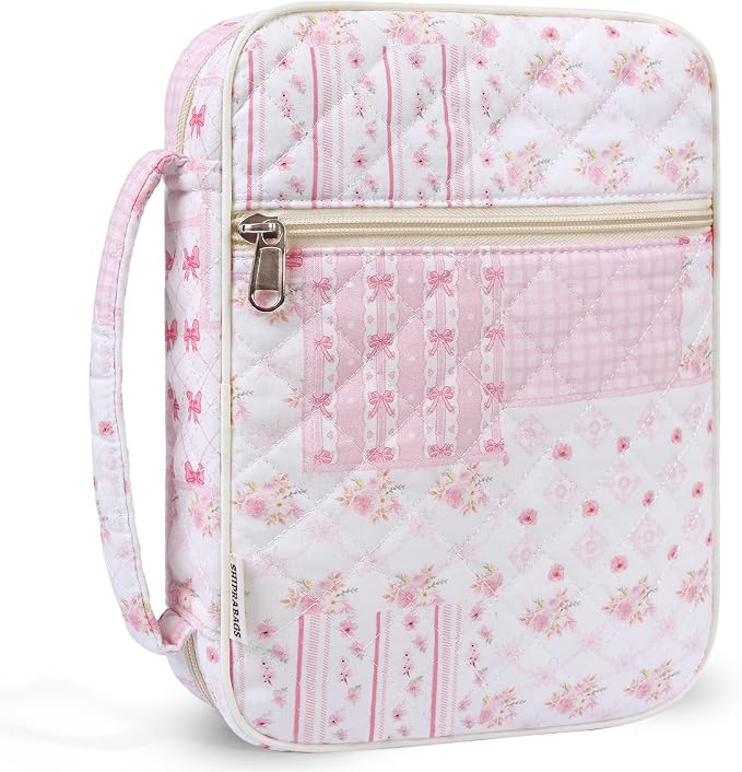 shirabags Quilted Bible Cover Case for Women - Elegant Cotton Bible Bag for Study, Church, Christian Gifts for Women (Pink Bow Patchwork, L)