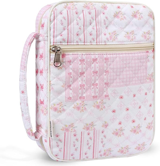 shirabags Quilted Bible Cover Case for Women - Elegant Cotton Bible Bag for Study, Church, Christian Gifts for Women (Pink Bow Patchwork, L)