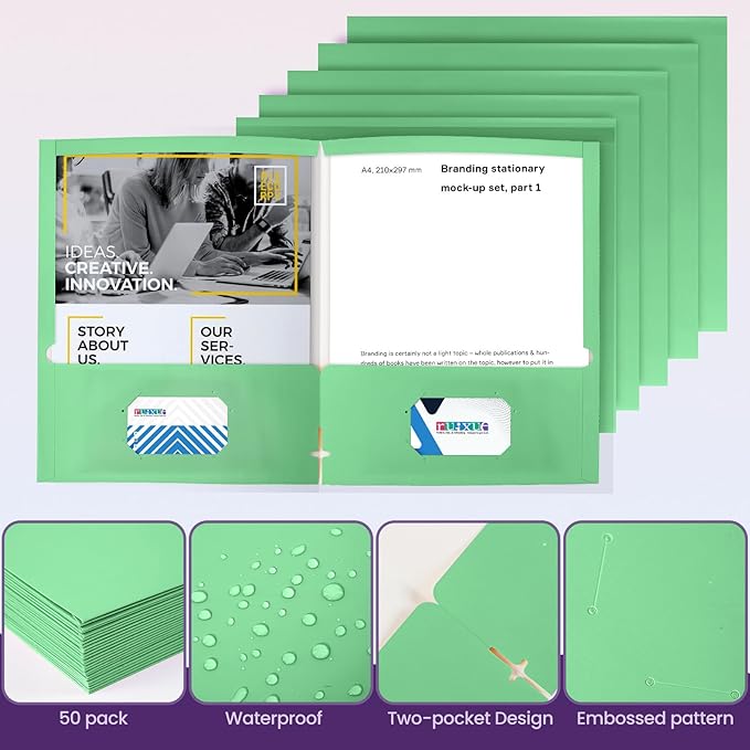 BIBRADAA® 50 Packs Green 2 Pocket Folders,Paper Folders with Pockets Surface with Waterproofing,Letter Size,Holds 100 Plus Sheets,for School,Office,Business. (50, Green)
