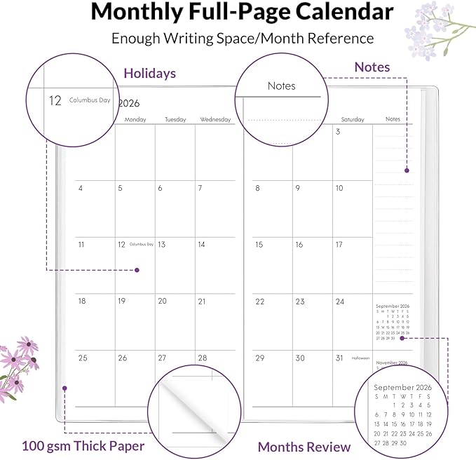 Phyxin Pocket Calendar 2026-2027, Small Calendar 2026 - Runs From Jan 2026 to Dec 2027, Pocket Planner-3.7" x 6.7" with PVC Cover, Pocket Calendar for School, Home and Office Supplies, Purple Flowers