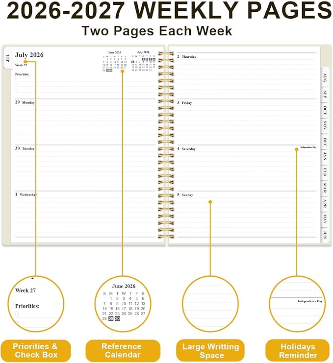 Planner 2026-2027 - Academic Planner from July 2026 to June 2027, Weekly & Monthly Planners Spiral Bound with 12-Month Tabs, Inner Pocket, 8.5" x 11", Beige