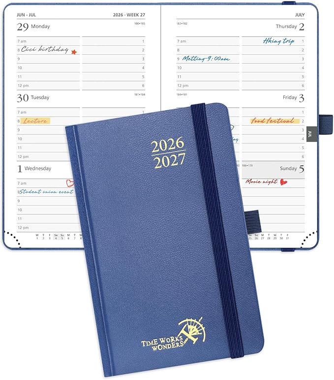 POPRUN 2026-2027 Academic Small Weekly Planner, 4" x 6.25" Purse Size Calendar, July 2026 to June 2027, Hardcover Appointment Book with Horizontal Layout, Hourly Time Slots - Navy Blue