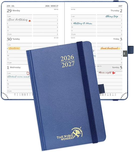 POPRUN 2026-2027 Academic Small Weekly Planner, 4" x 6.25" Purse Size Calendar, July 2026 to June 2027, Hardcover Appointment Book with Horizontal Layout, Hourly Time Slots - Navy Blue