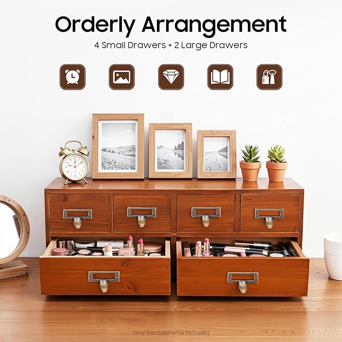 6 Vintage Desktop Storage Cabinet, Vintage Desktop Organizer Wood Desktops Organizers Library Card Catalog Cabinet with Metal Handles & Label Slot for Herb Storage Tea Collection Stationery Jewelry