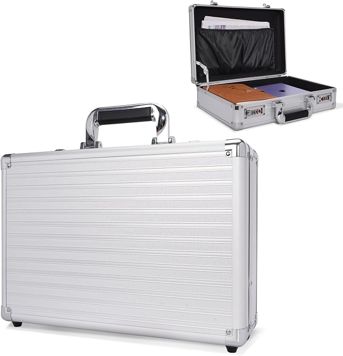 Locking Briefcase 15" File Organizer Storage Box, Portable with Dual Combination Locks, Durable Aluminum Alloy Frame for Cash/Documents, Ideal for Home/Office/Travel/Business