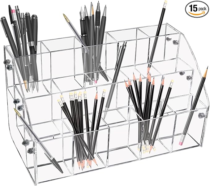 Clear Pen Display Stand-3 Tier ＆ 15 Grid Trapezoidal Acrylic Pen Holder Transparent Pencil Holders Acrylic Organizer Desktop Stationery Organizer Office Desk Accessory for Stationery Store,Home