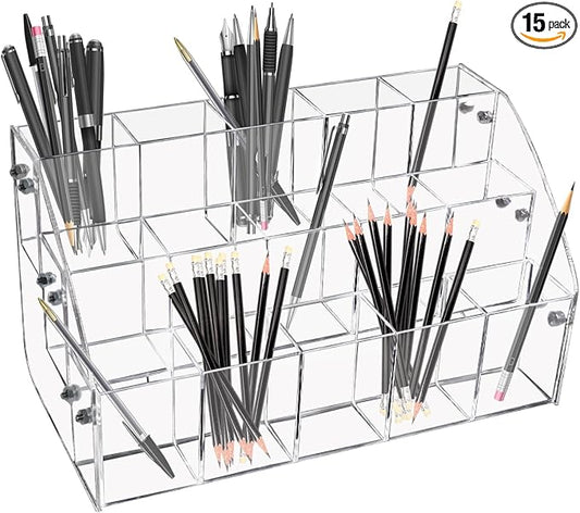Clear Pen Display Stand-3 Tier ＆ 15 Grid Trapezoidal Acrylic Pen Holder Transparent Pencil Holders Acrylic Organizer Desktop Stationery Organizer Office Desk Accessory for Stationery Store,Home
