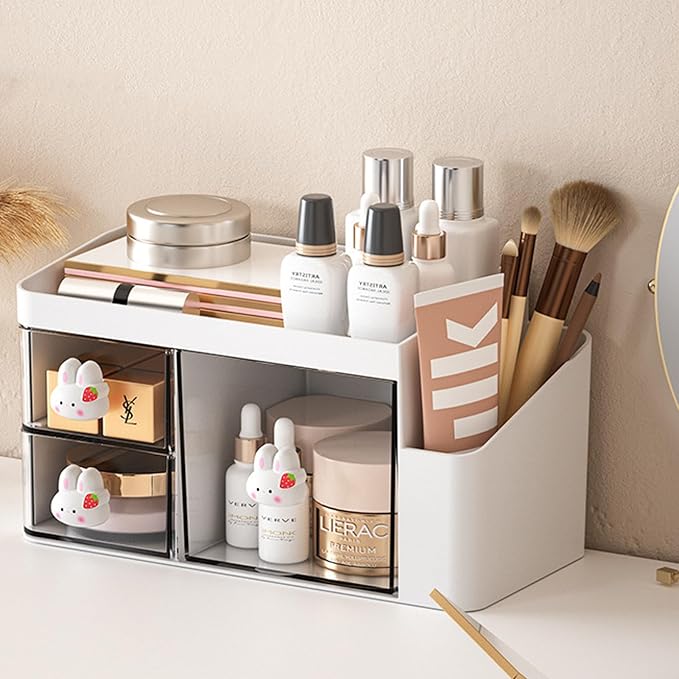 Desk Organizer with Pencil Holder and 3 Drawers, Desk Accessories Holder for Desk, Desktop Stationery Organizer for Office Home School Dressing Table(Rabbit Handle)