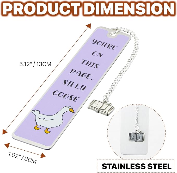 Silly Goose Bookmark, Cute Funny Bookmarks for Women Metal Book Mark Pink Bookworm Bookmark Bookish Accessories Cool Gifts for Book Lovers Reading Club Christmas Birthday Present (Lavender)