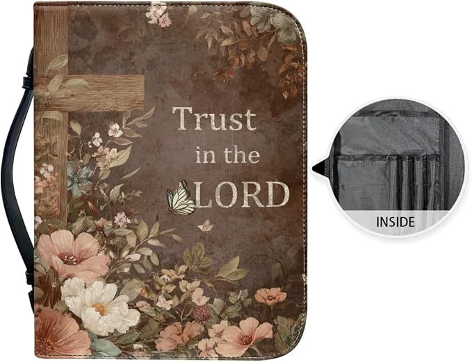 Vintage Style Brown Floral and Cross Bible Case with Bookmark Waterproof Bible Cover Case for Women Lightweight Bible Bag with Handle Pockets Church Book Bag