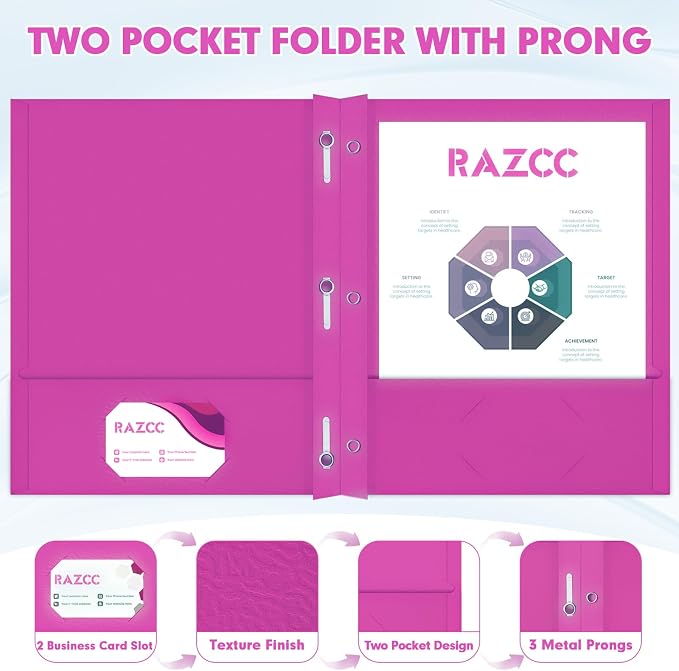 Two Pocket Folders, RAZCC 75 Pack Two Pocket Folders with Prongs, 3 Prong Folders Fit Letter Size Paper, Pocket File Folders for School Office Home Business, Rose Purple
