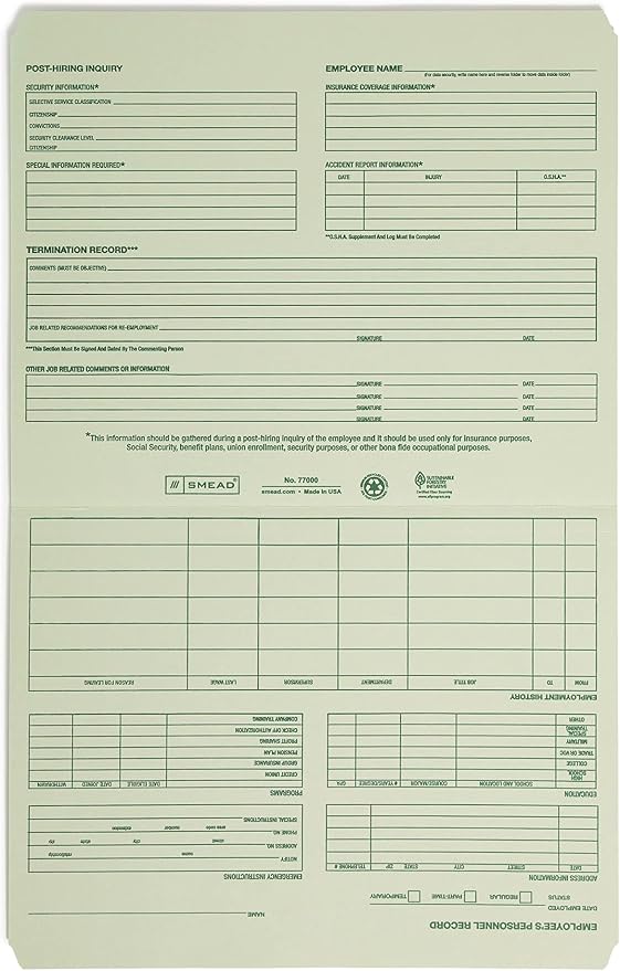 Smead Employee Record File Folder, Straight-Cut Tab, Letter Size, Moss, 20 per Pack (77000)