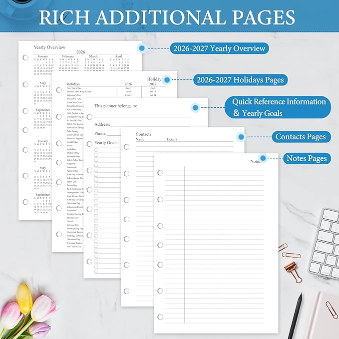 2026-2027 Monthly Planner Refill, A5 Medium Size Planner Inserts for 7 Ring, 5.5" x 8.5", Jul. 2026 - Dec. 2027, 18 Monthly Calendars with Laminated Tabs, 7-Hole Punched